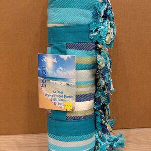 Portable Cotton Picnic Blanket 60” x 60” w/ Carry Strap & Fringe | Beach Camping